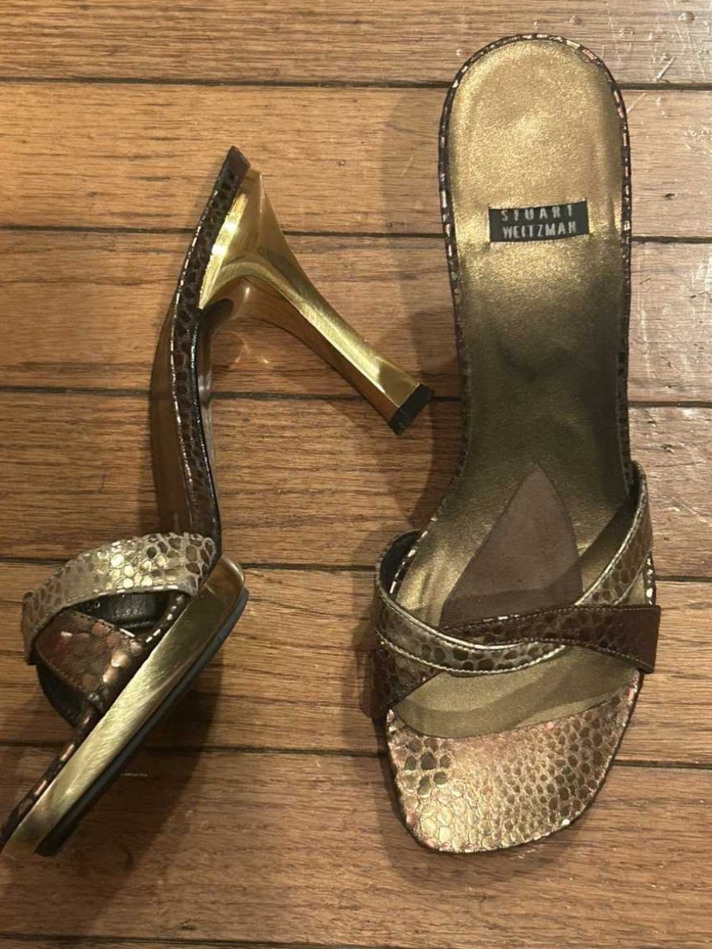 Stuart Weitzman Metallic Bronze Snake-Print High Heel Sandals 9